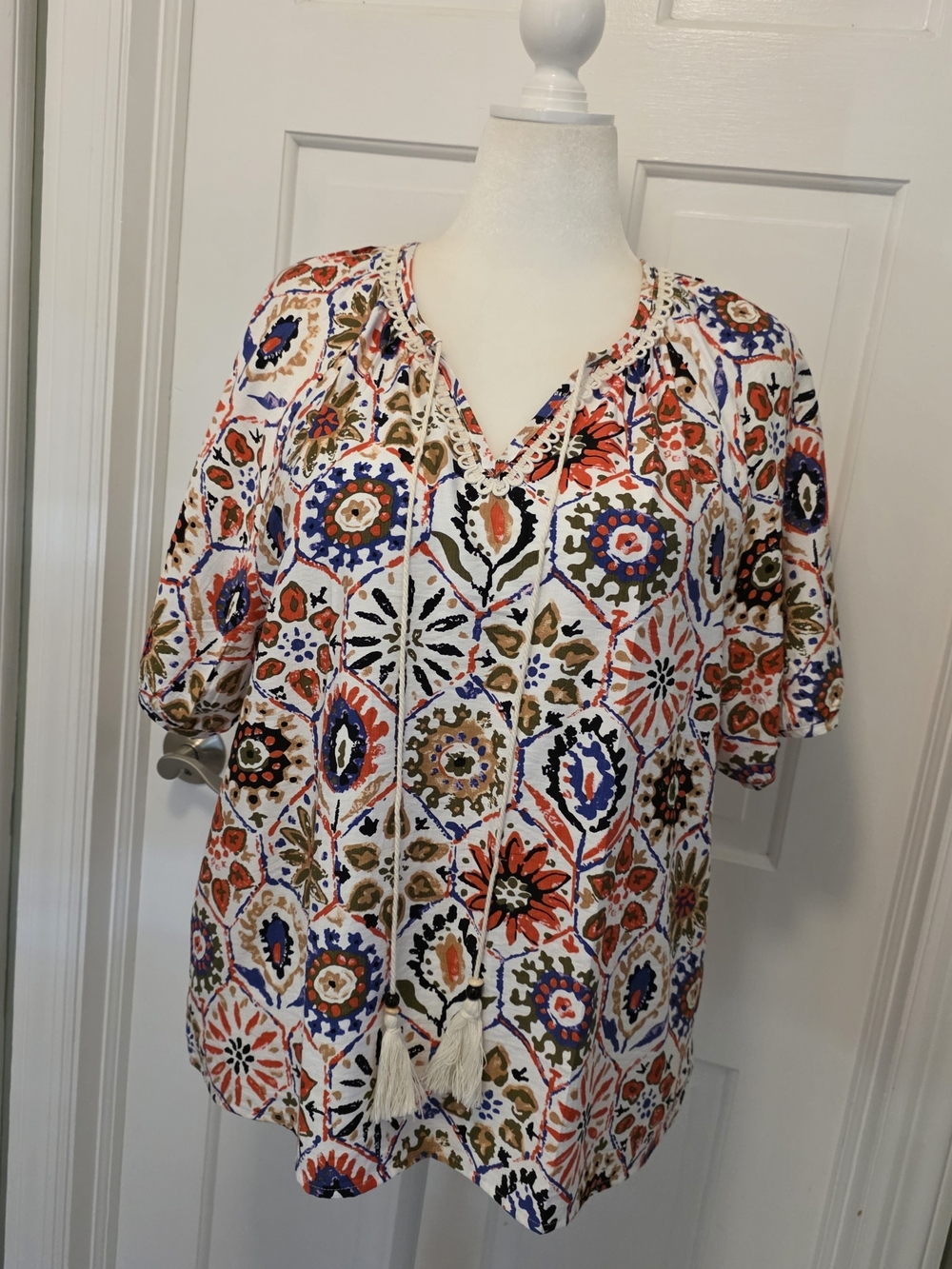 Women's Printed Tassel V-Neck Blouse in Multi-Color